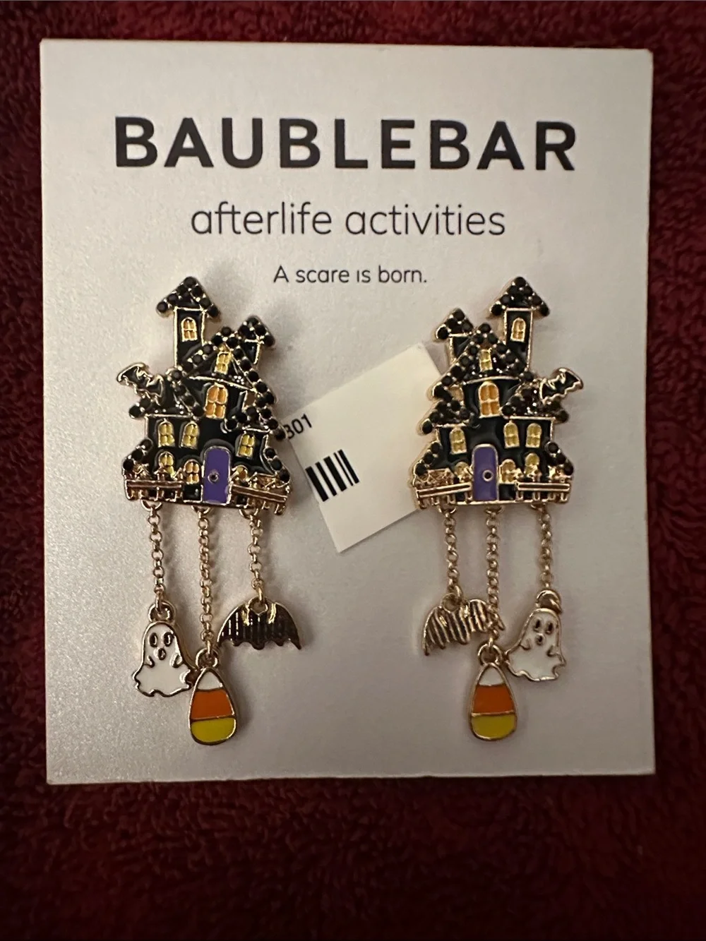 BaubleBar NWT Haunted House Drop Earrings - Purple, Black, Gold, White, Orange